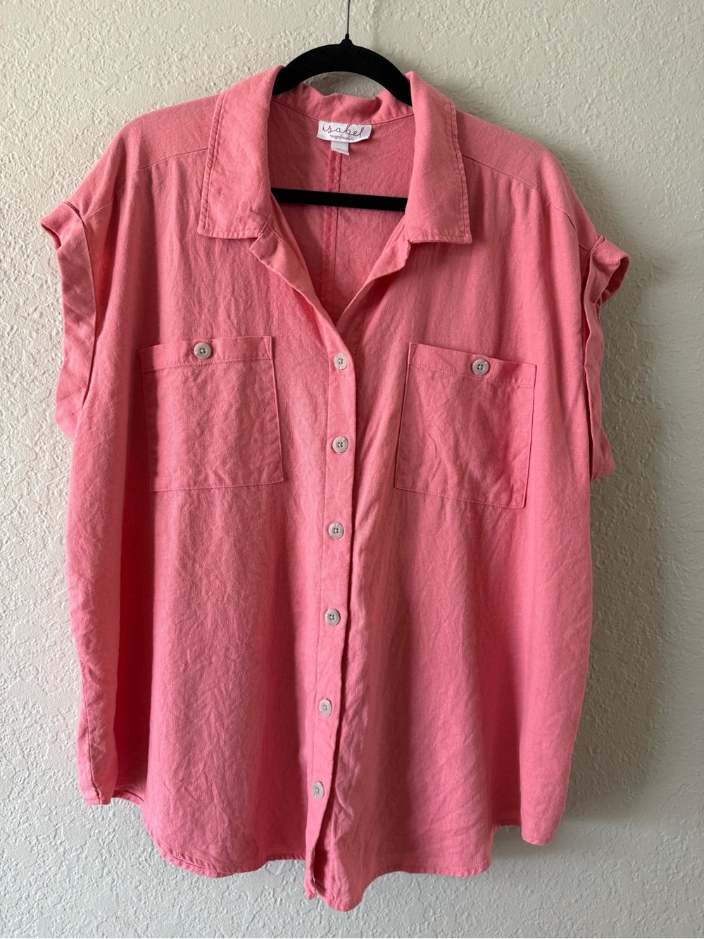 Isabel Short Sleeve Linen Blend Button Front Shirt Size XL Light Coral Pockets